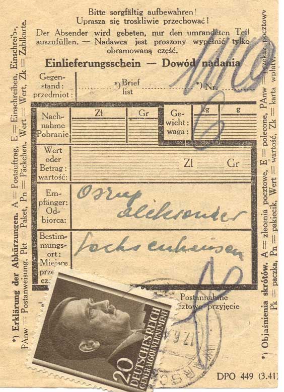 Parcel receipt dated June 14, 1944  sent from Warsaw to Sachsenhausen